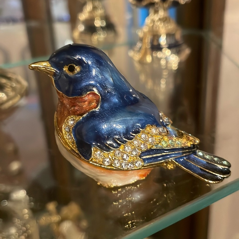 SOLD Blue Bird Austrian Crystal Gold Decorative Trinket Box